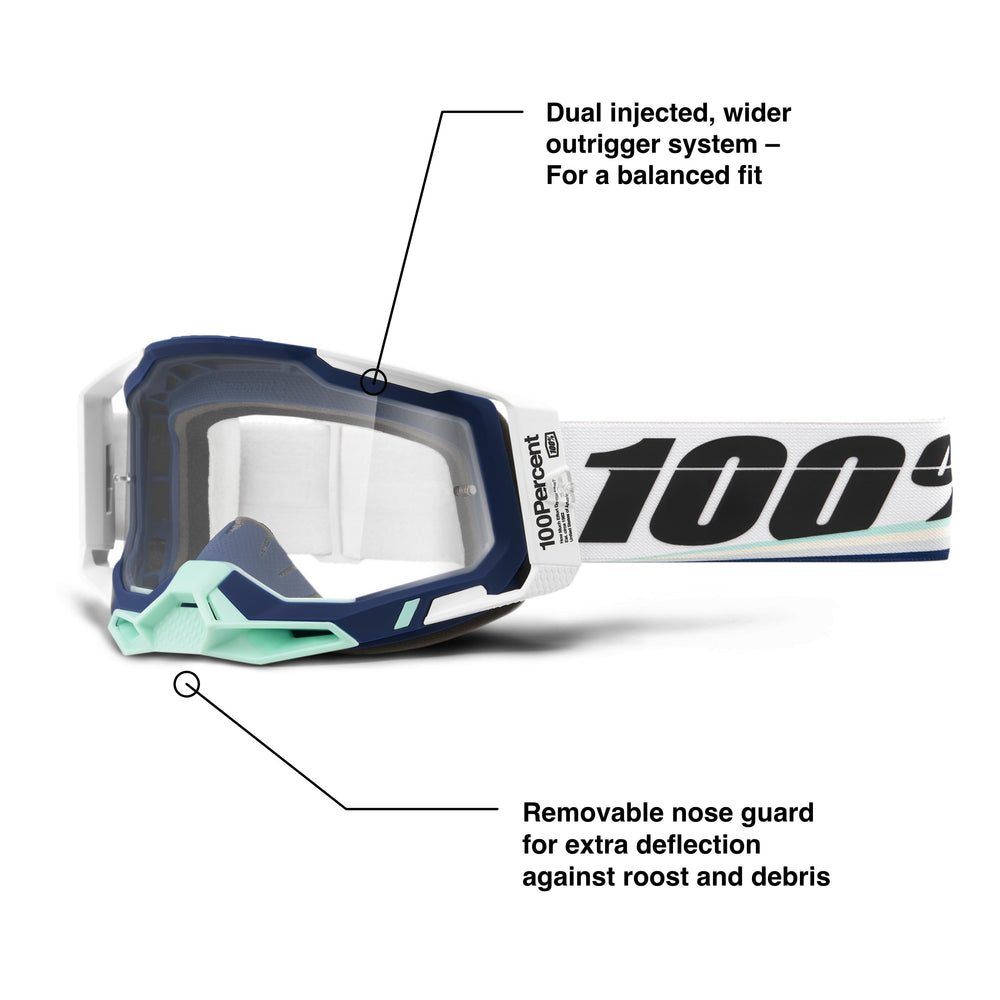 100% Racecraft 2 goggles side view showing balanced fit on rough trails.