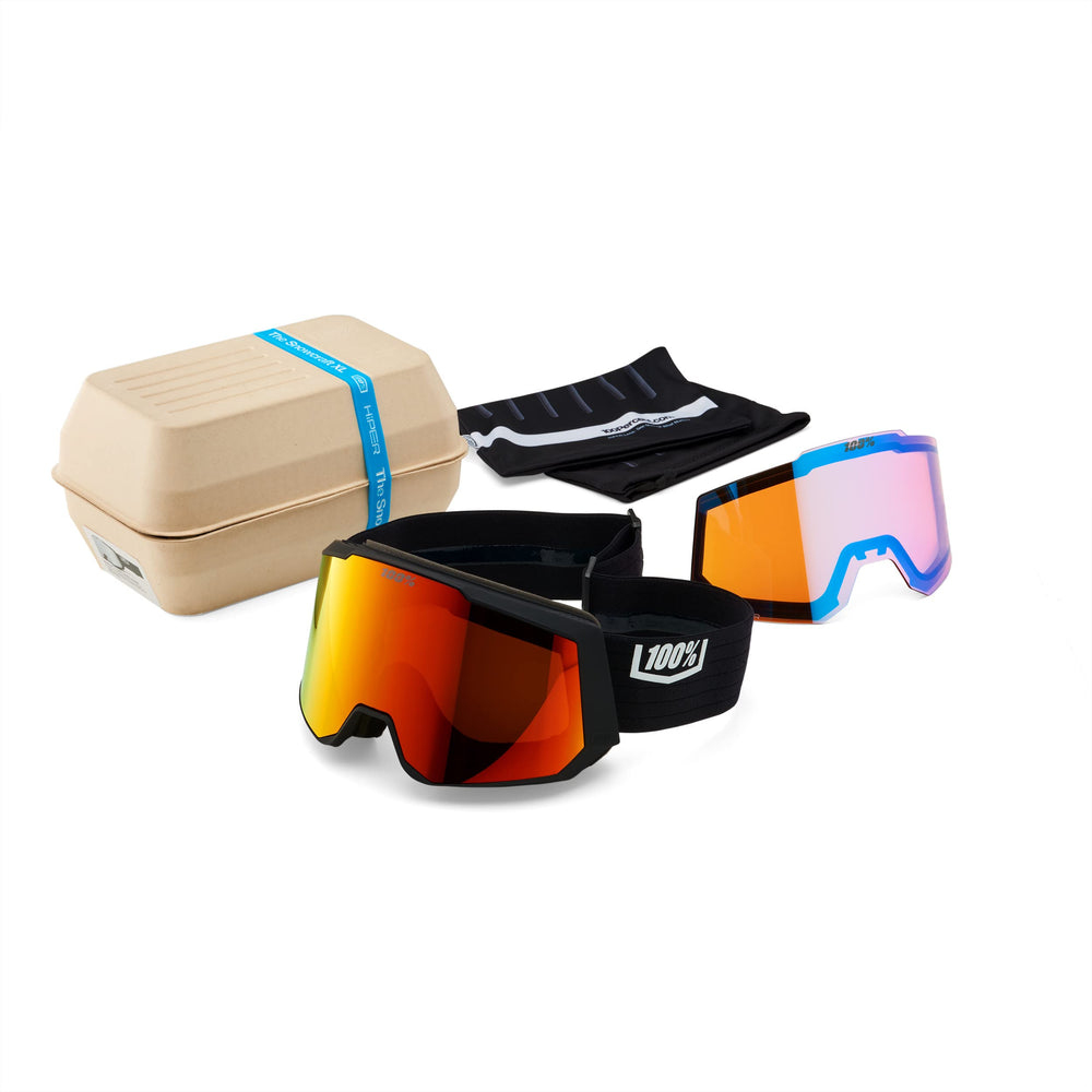 100% Snowcraft XL HiPER goggles on winter gear setup highlighting mirror-red lens.