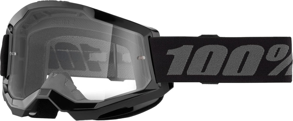100% Strata 2 goggle with black frame and clear lens, ideal for trail rides and helmet compatibility.
