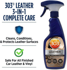 303 Products leather 3-in-1 bottle demonstrates safe cleaning and conditioning results