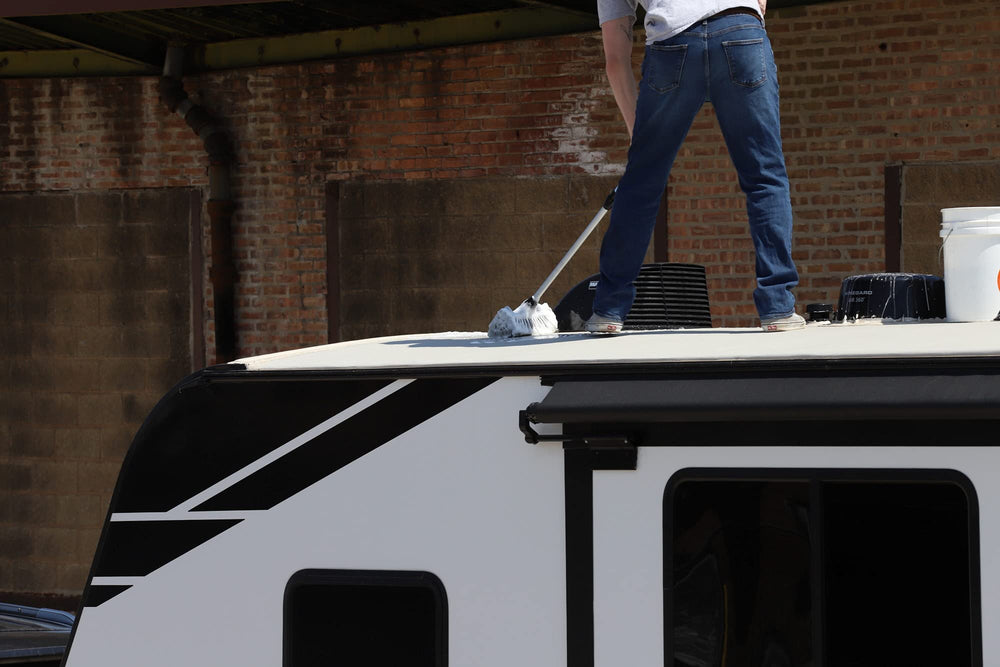 RV roof cleaner used near solar panels with safe usage.
