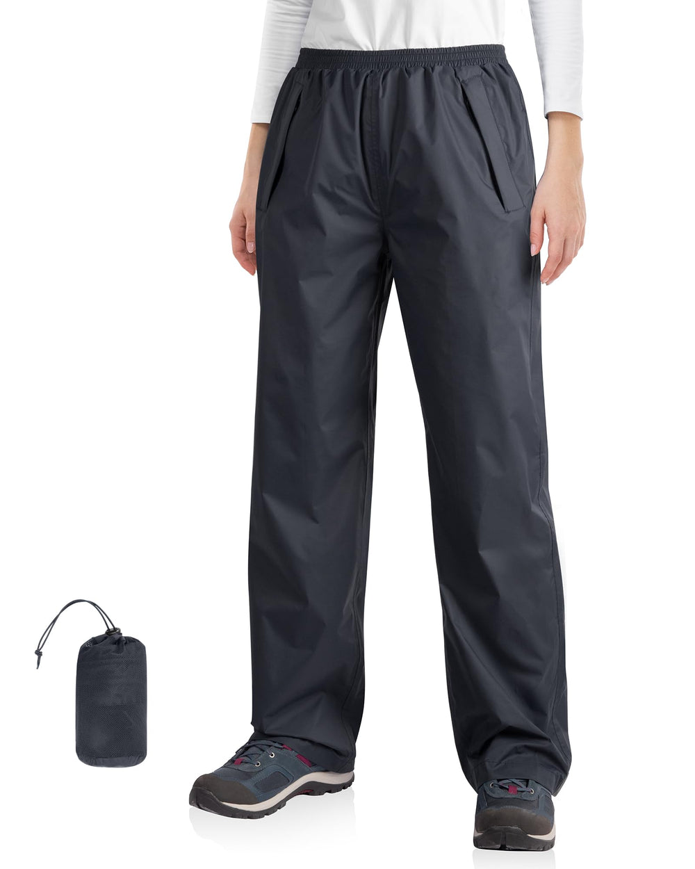 33000ft packable rain pants front view, waterproof and lightweight for travel