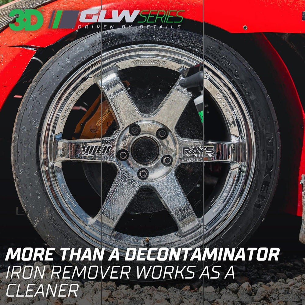 3D Iron Remover being sprayed on a wheel to reveal decontamination