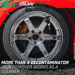 3D Iron Remover being sprayed on a wheel to reveal decontamination