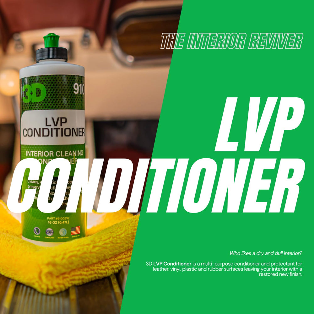 3D Leather, Vinyl & Plastic Conditioner label highlighting multi-surface use.
