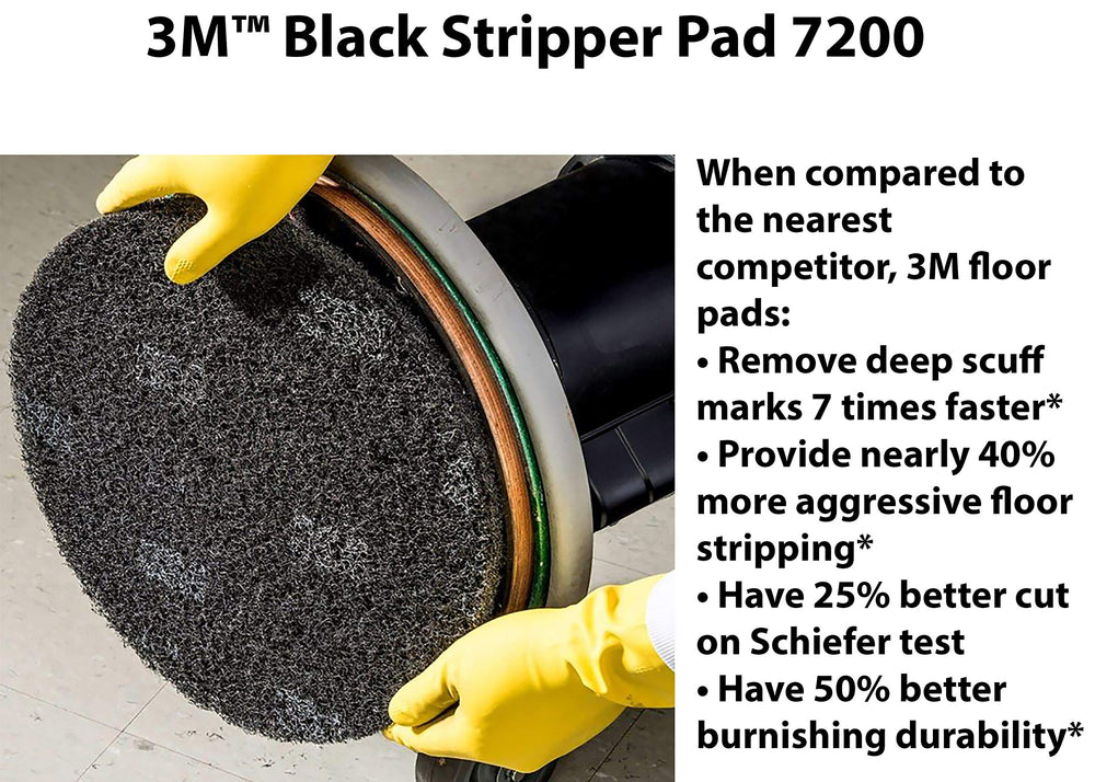 3M Black Stripper Pad 7200 in use on a concrete floor for finish removal