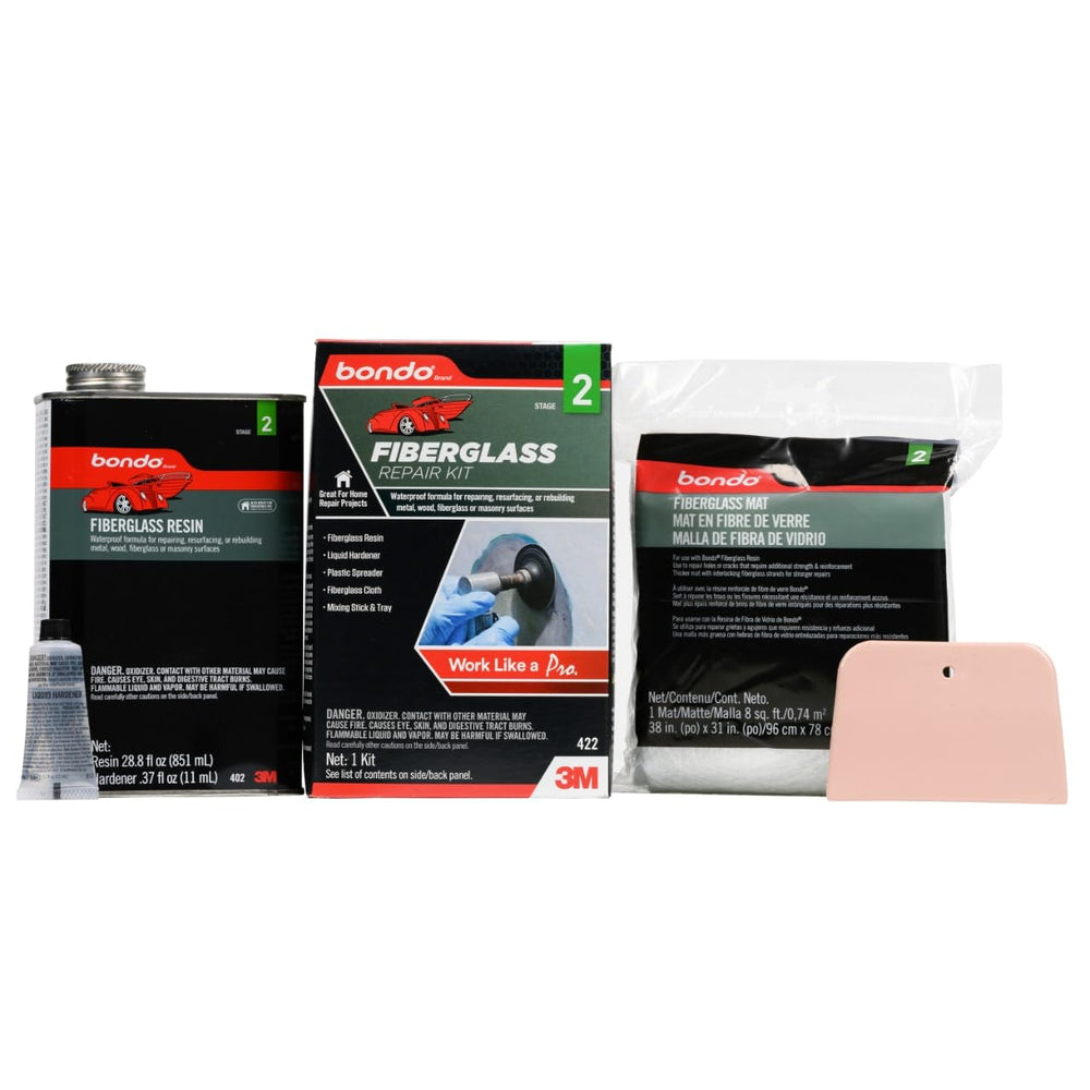 3M Bondo fiberglass resin repair kit components laid out for a DIY project