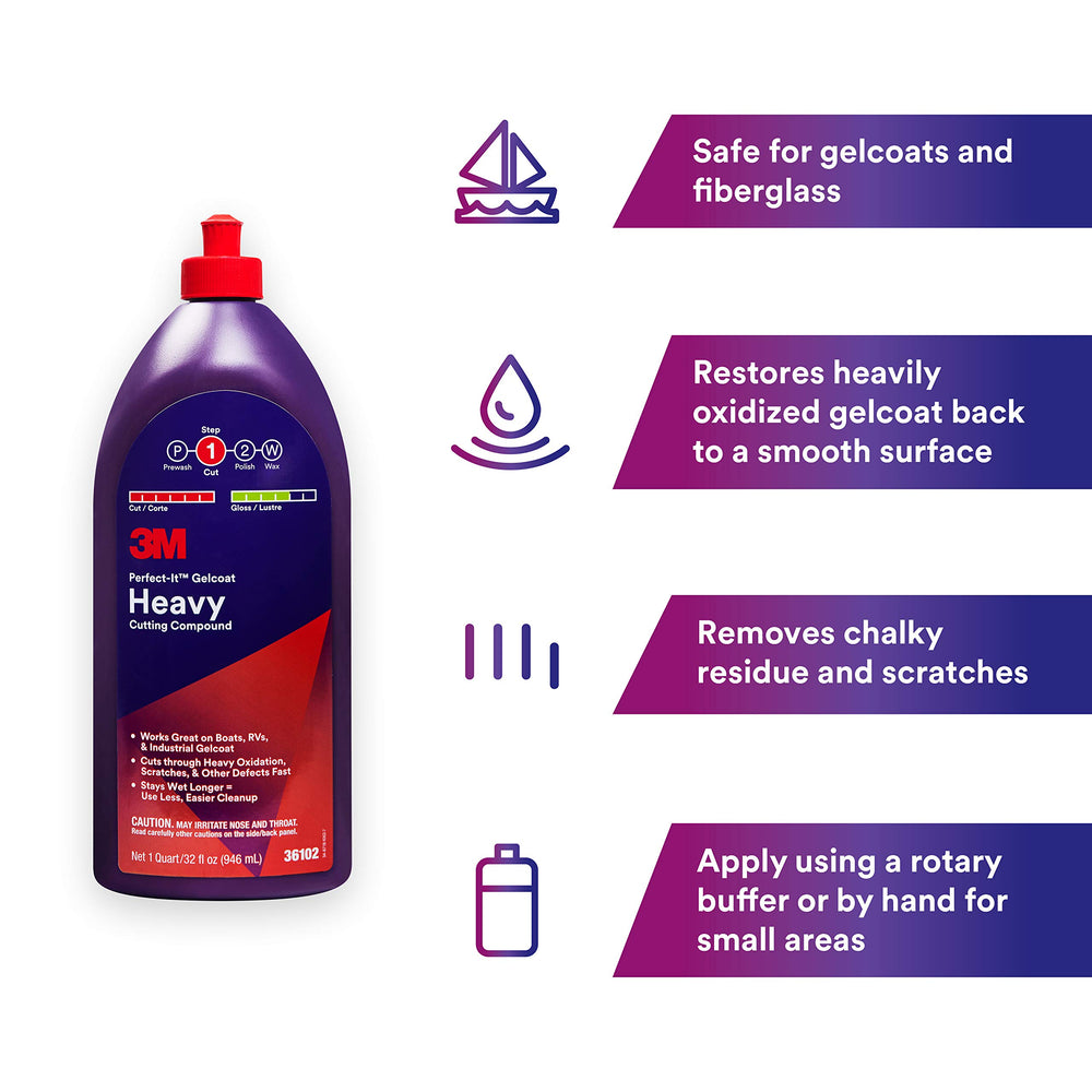 3M Perfect-It Gelcoat Heavy Cutting Compound close-up shows scratch removal and improved clarity.