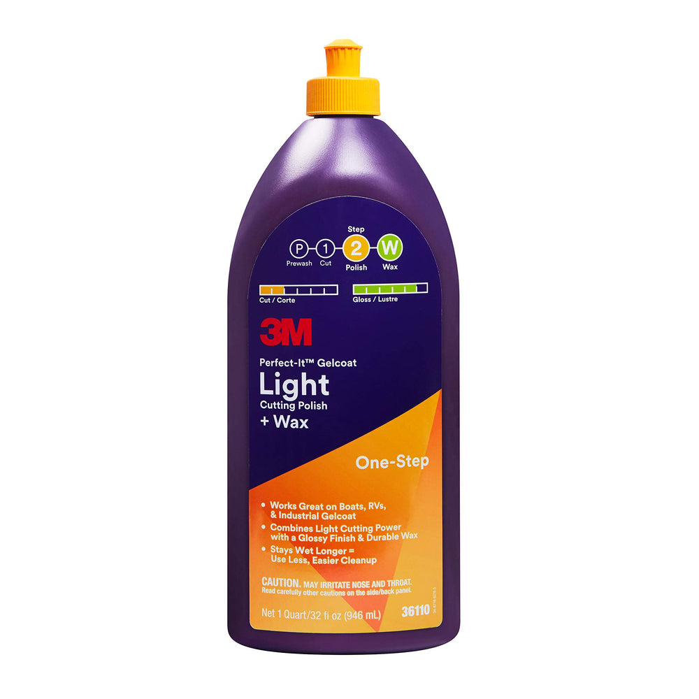 3M Perfect-It gelcoat light cutting polish + wax bottle applying a smooth shine.