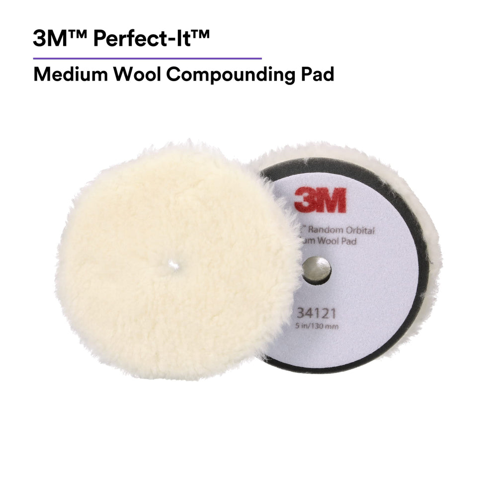 3M Perfect-It Random Orbital Medium Wool Pad close-up of wool fibers for consistent cutting.