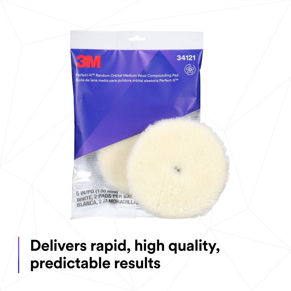 3M Perfect-It Random Orbital Medium Wool Pad 5in contoured shape for following vehicle contours.