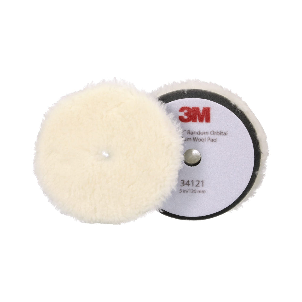 3M Perfect-It Random Orbital Medium Wool Pad 5in shows white face for smooth defect removal.