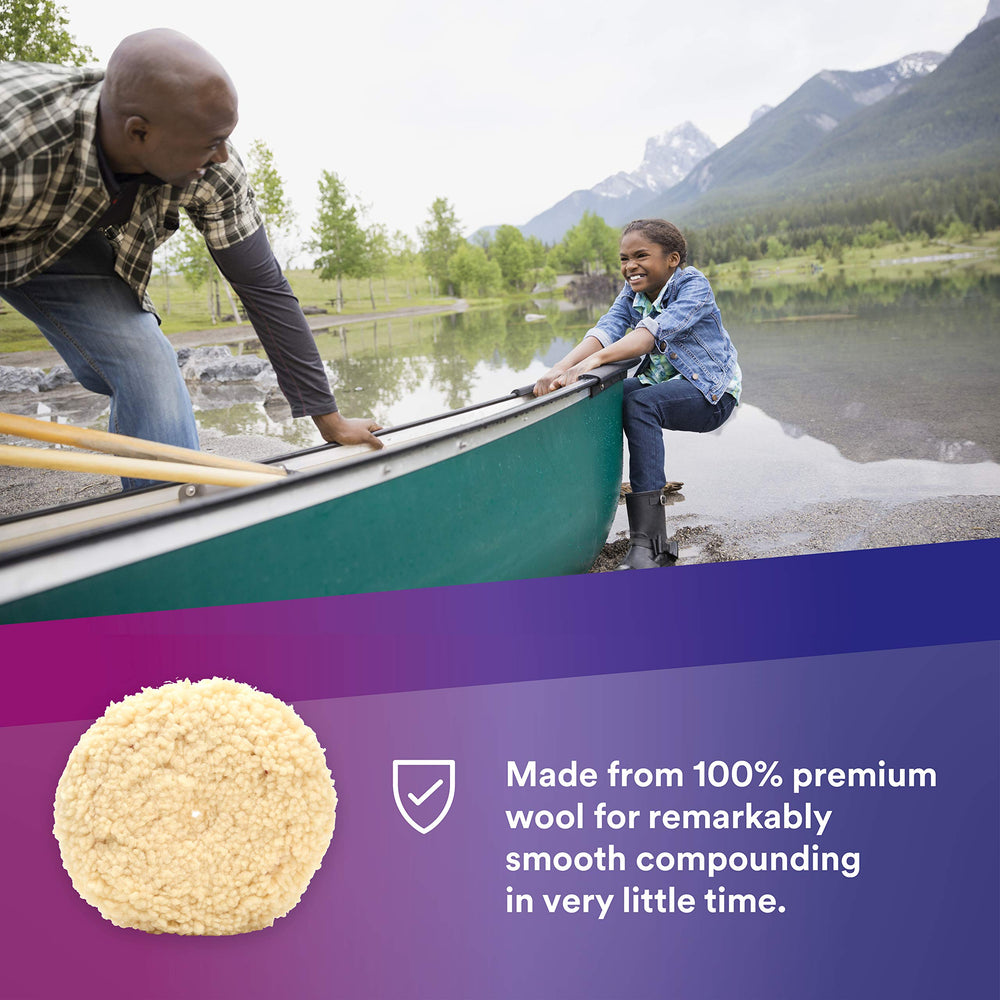 3M Perfect-It wool pad on rotary buffer provides smooth, controlled polishing