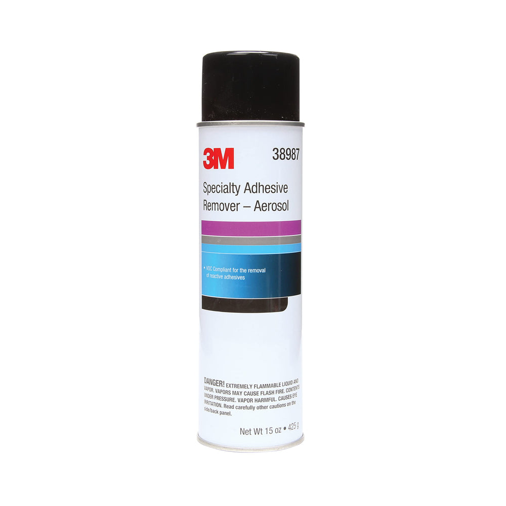 3M Specialty Adhesive Remover 38987 bottle showing solvent-based removal of tough residues