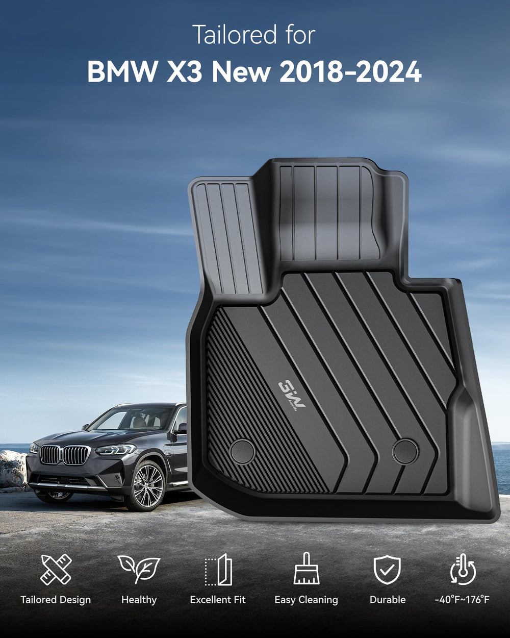 3W BMW X3 floor mats rear-row, elevated edges protect carpet.