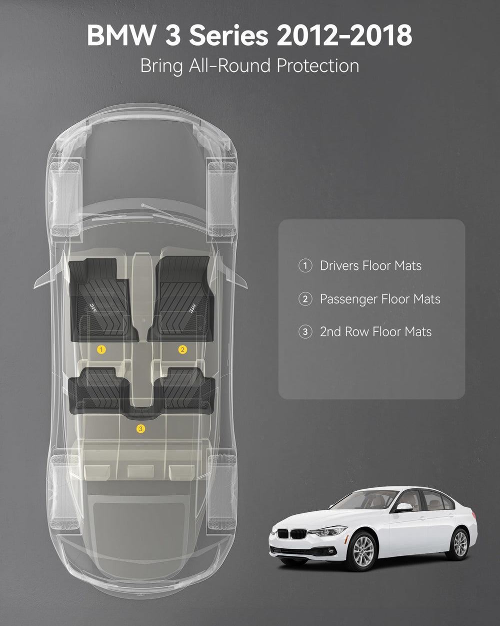 3W floor mats for BMW F30 rear left; blocks mud with all-weather protection