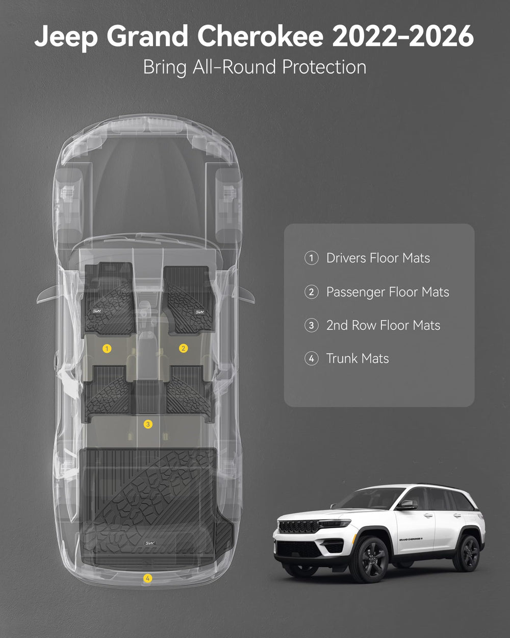 3W floor mats for Jeep Grand Cherokee WL second-row mats for full interior coverage