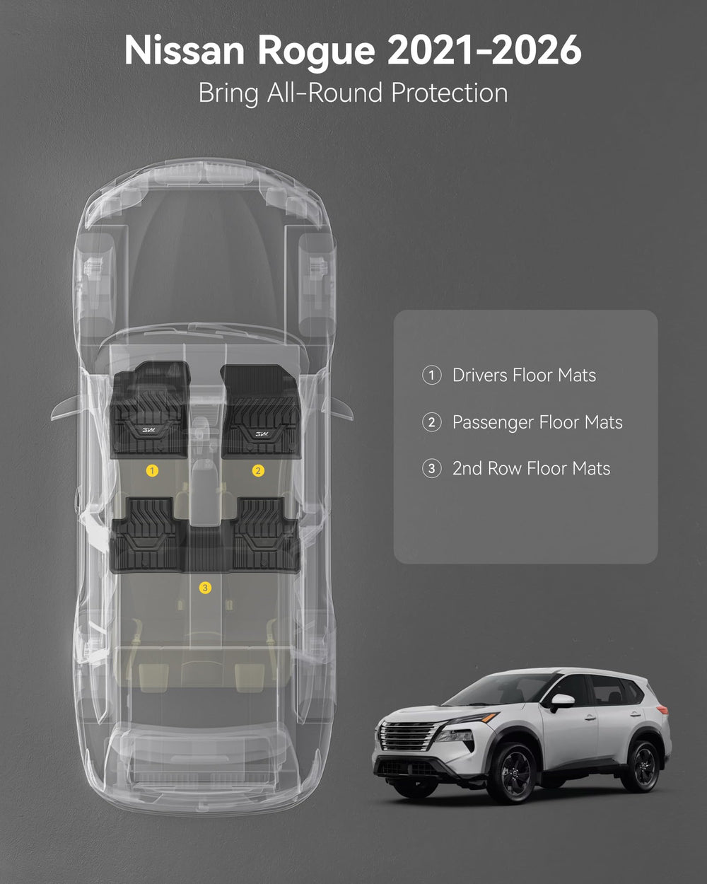 3W Rogue driver-side floor mat showing precise custom fit