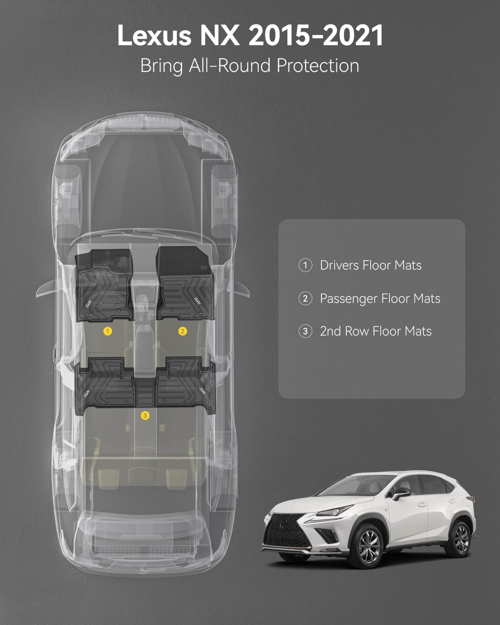 3W Lexus NX floor mats withstand all weather with waterproof surface