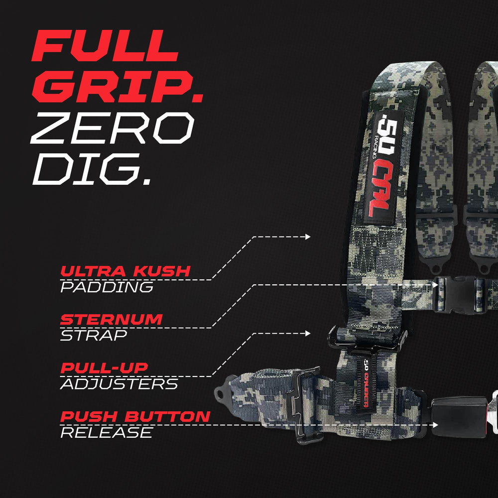 Harness pass-through bezels positioned in RZR seat by 50 Caliber Racing