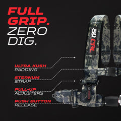 Harness pass-through bezels positioned in RZR seat by 50 Caliber Racing