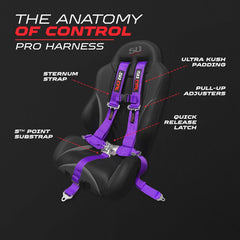 Adjustable straps on 50 Caliber Racing 5-point harness for versatile driver fit