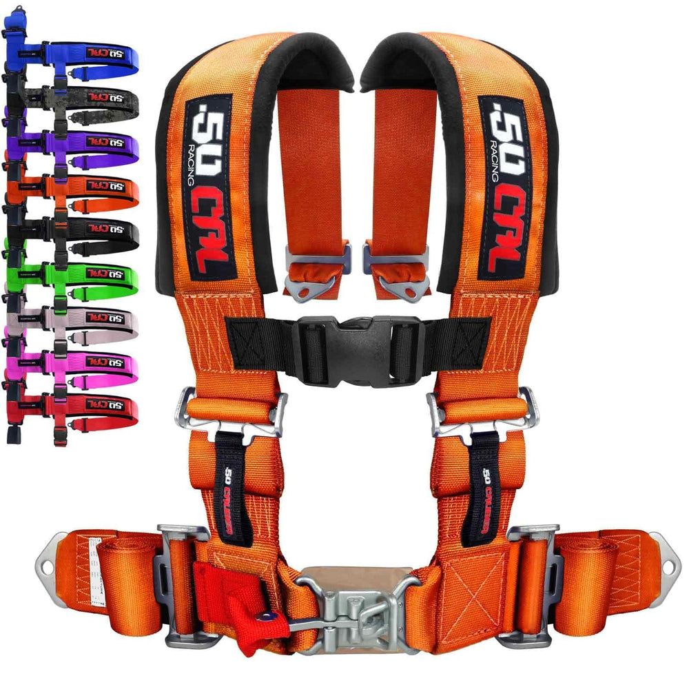 50 Caliber Racing harness orange quick-release buckle enables fast detachment