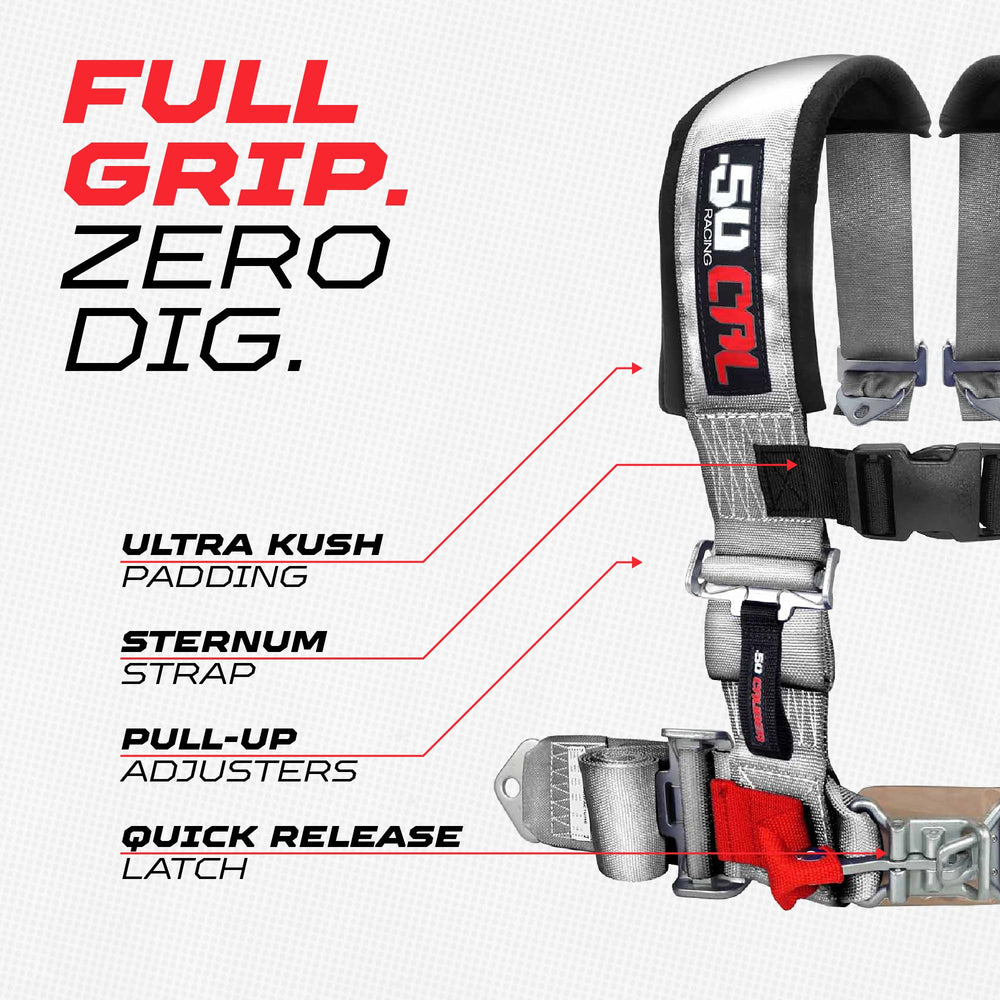 Sternum strap detail on the 50 Caliber Racing harness improves upper body restraint