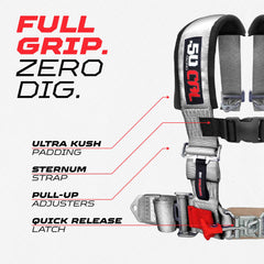 Sternum strap detail on the 50 Caliber Racing harness improves upper body restraint