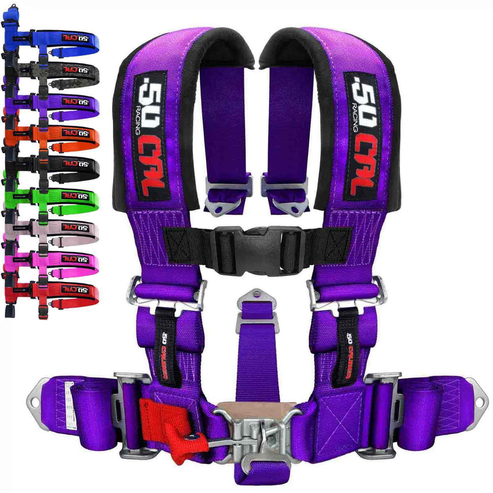 50 Caliber Racing purple 5-point harness mounted on a bucket seat for off-road support