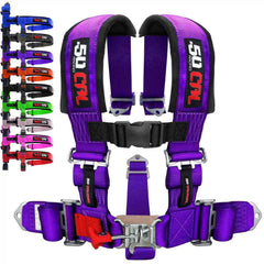 50 Caliber Racing purple 5-point harness mounted on a bucket seat for off-road support