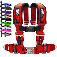 50 Caliber Racing red 4-point harness on bucket seat enhances off-road stability