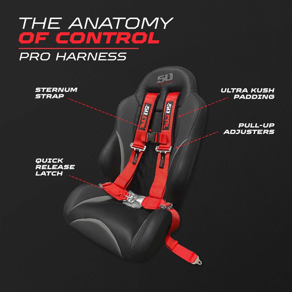 50 Caliber Racing sternum strap harness adds chest stability for cornering confidence.