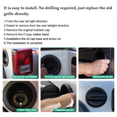 A ABIGAIL fuel filler door cover mounted on Jeep Wrangler JL from all angles
