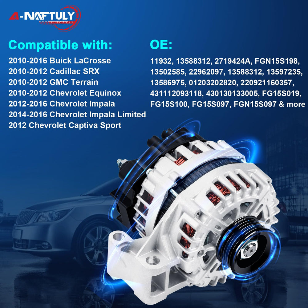 A-NAFTULY 150A alternator side view showing compact, easy-fit mounting.