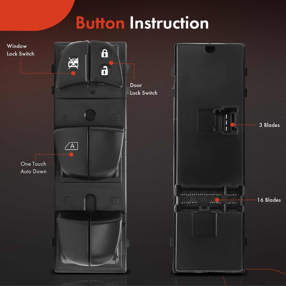 A-Premium auto-down function badge highlighted on the driver switch.