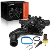 A-Premium thermostat housing for Mini Cooper front view with sensors.
