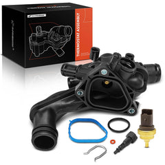 A-Premium thermostat housing for Mini Cooper front view with sensors.