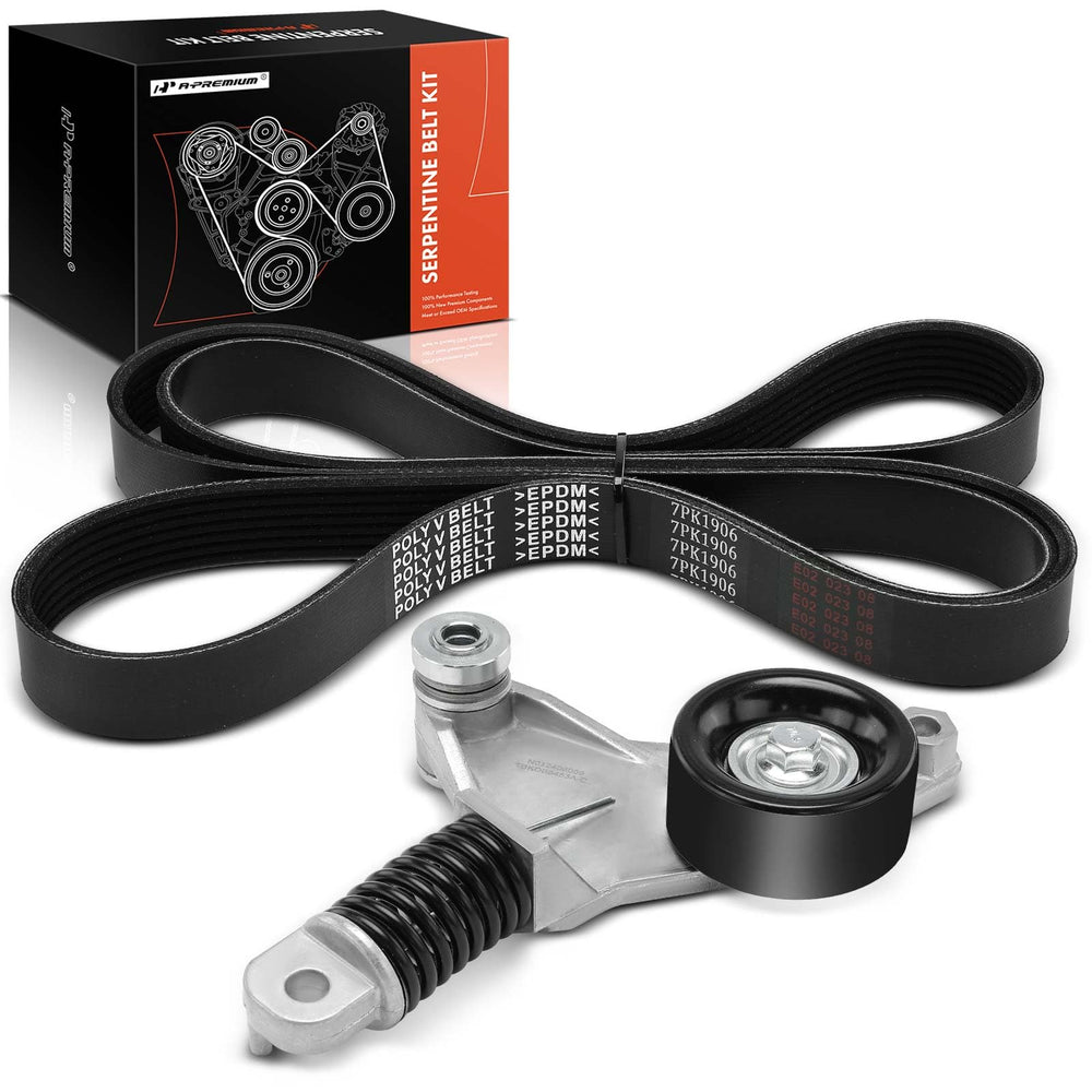 A-Premium engine serpentine belt drive kit front view with tensioner for smoother operation.