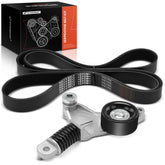 A-Premium engine serpentine belt drive kit front view with tensioner for smoother operation.