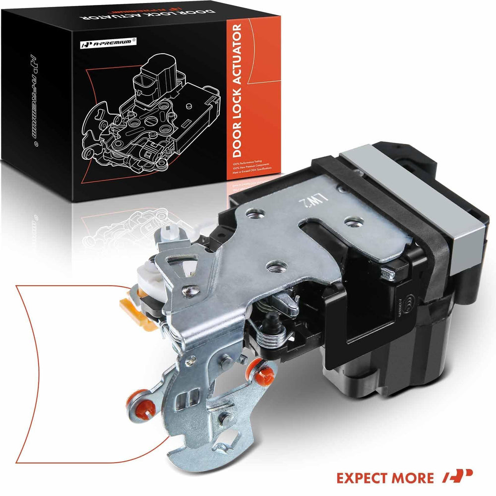 A-Premium front door lock actuator driver side warranty illustration emphasizes guarantee