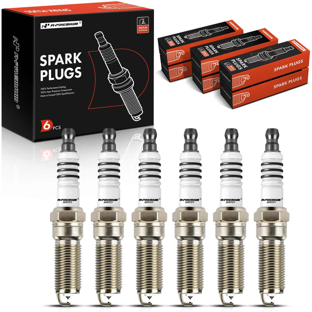 Pack of six A-Premium Iridium Platinum spark plugs, top view for longevity