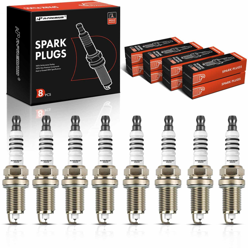 A-Premium iridium-platinum spark plugs eight-pack closeup showing durability.