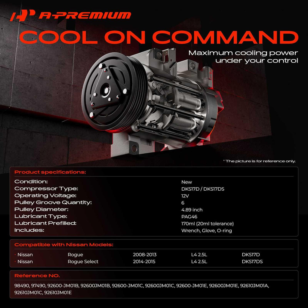 Side profile of A-Premium Rogue AC compressor showing compact design for easy installation