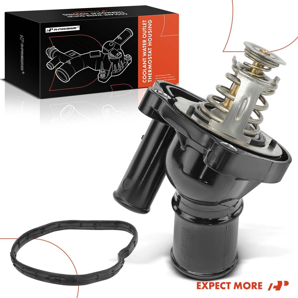 A-Premium vehicle-adaptable thermostat housing photo highlights cross-compatibility across Ford, Mazda, Mercury, Lincoln lines.