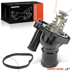 A-Premium vehicle-adaptable thermostat housing photo highlights cross-compatibility across Ford, Mazda, Mercury, Lincoln lines.