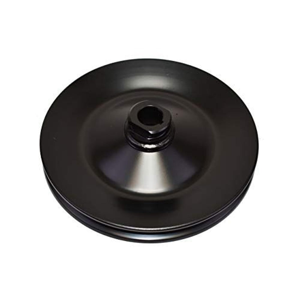 A-Team Performance steel keyway pulley, front view, showing rugged construction for steady steering.
