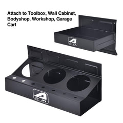 A A IN 3-can tray with screwdriver holes organizes spray cans and bits.