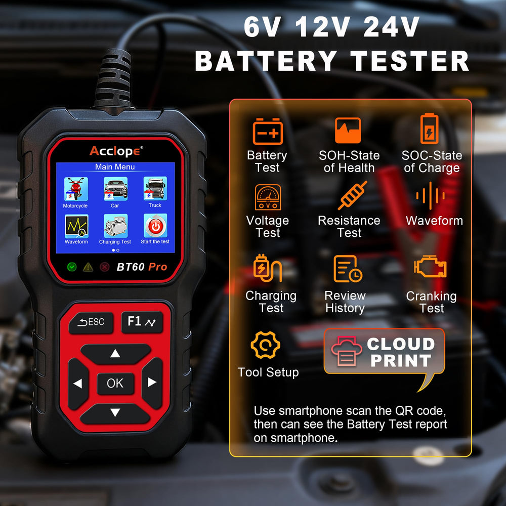 Acclope BT60 PRO cranking test readout for engine start insight.