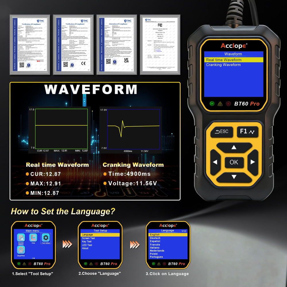 Acclope BT60 PRO lithium starter battery support enabling broader diagnostics